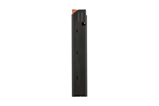 C Products 32-round stainless steel magazine with orange follower for 9x19mm is stamped from 400-series steel